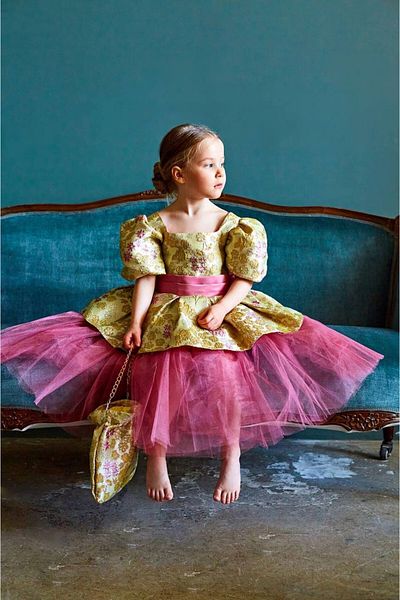 PİXİNADELUXE Pink Jacquard Fabric Detailed Girl's Evening Dress with Bag and Crown Accessories