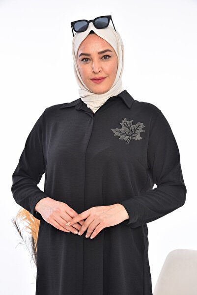 Ferace Women's Plus Leaf Printed Large Size Hijab Shirt Black