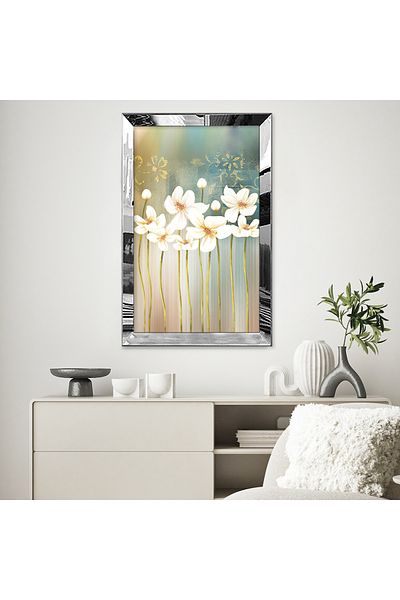 Zevahir Mobilya Dekorasyon Rama din plexiglas cu oglinda argintie Moderna galben auriu Model de flori albe Desen abstract Tablou unic MDF