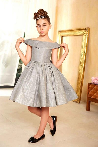 PİXİNADELUXE Gray Boat Neck Shimmering Girl's Evening Dress with Bow on the Back