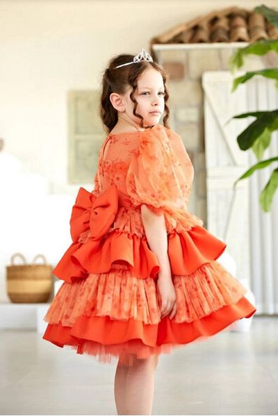 PİXİNADELUXE Orange Floral Patterned Layered Tulle Girl's Evening Dress