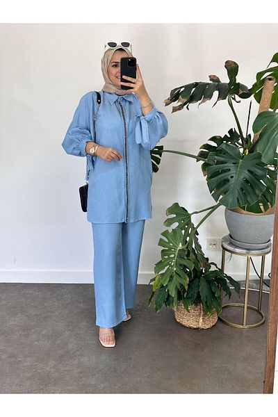 ASEL FASHİON Light Blue Beaded Cotton and Linen Set