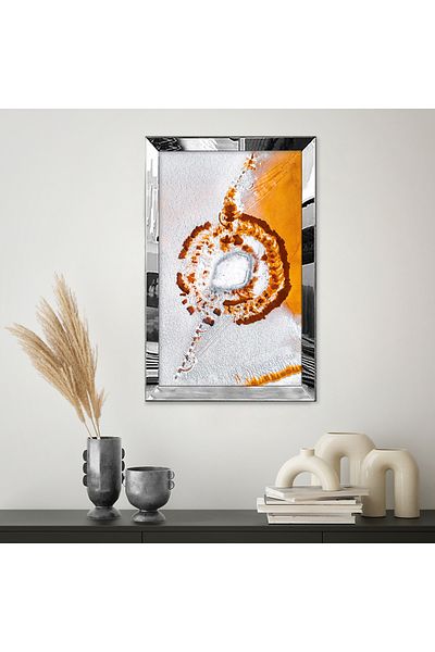 Zevahir Mobilya Dekorasyon Combinație de alb și portocaliu cu cadru din plexiglas cu oglindă argintie, desen abstract, pictură unică MDF
