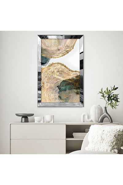 Zevahir Mobilya Dekorasyon Tablou unic din MDF cu model rotund galben minimalist cu cadru din plexiglas cu oglindă argintie