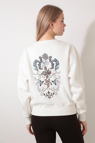 AMİDA Ecru Crew Neck Sweatshirt - Ethnic Flower Embroidery, 2438