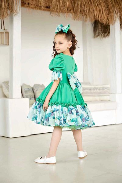 PİXİNADELUXE Green Floral Patterned Girl's Evening Dress with Frilly Buckle Accessories