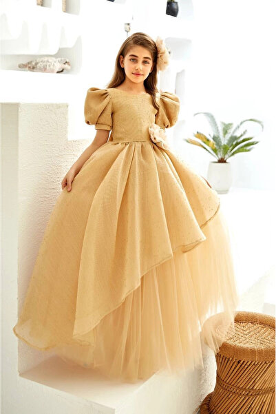 PİXİNADELUXE Bej Balon Kollu Uzun Çiçek Aksesuarlı Kız Çocuk Abiye