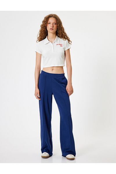 Koton Crop T-Shirt Polo Neck Button Short Sleeve College Embroidered Slim Fit