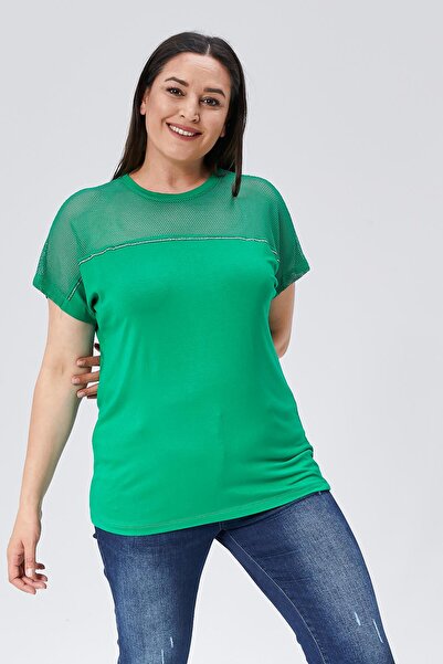 Ebsumu Green Plus Size Blouse - Mesh Detail