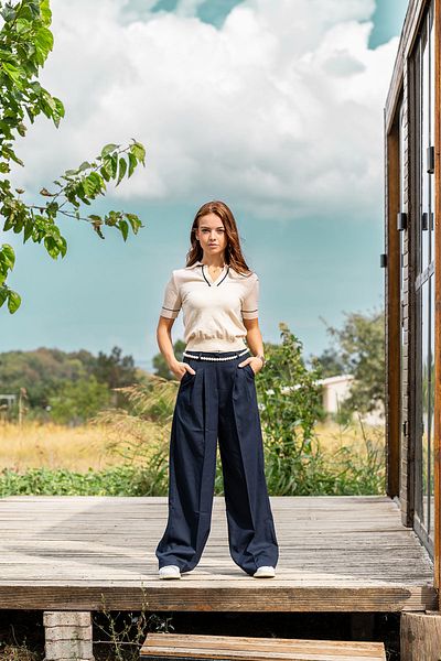 VerdeBlanco Navy Blue Palazzo Fabric Trousers with Pearl Belt