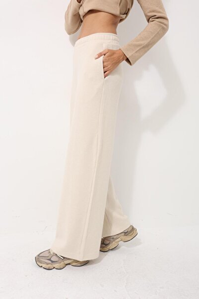 AMİDA Ekru Yüksek Bel Selanik Kumaş Yumuşak Kadın Bol Paça Pantolon - 2439