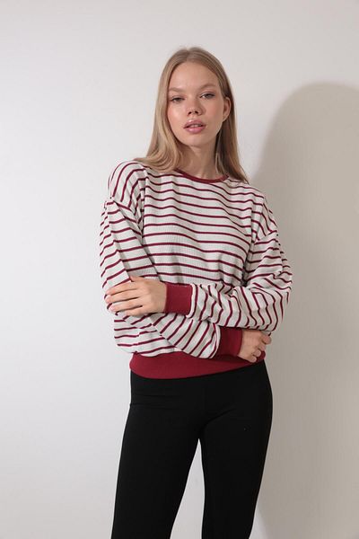 AMİDA Thessaloniki Claret Red Striped Crew Neck Sweatshirt - 2433