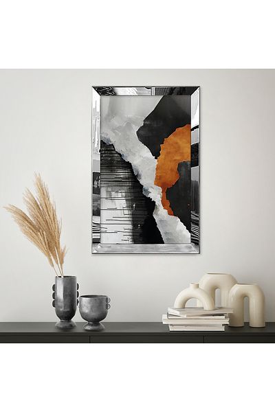 Zevahir Mobilya Dekorasyon Pictură abstractă unică MDF cu model portocaliu și negru, cu cadru din plexiglas cu oglindă argintie