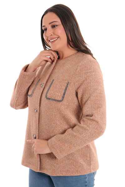 Metpoint Trend42plus Büyük Beden Cebi Taş Baskılı Camel Ceket