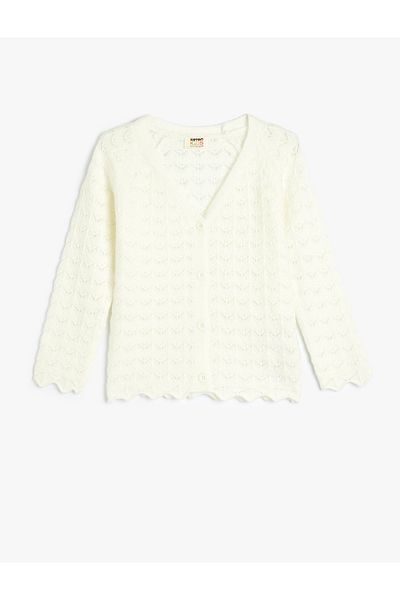 Koton V-Neck Openwork Knitwear Cardigan - Button Detailed, Long Sleeve