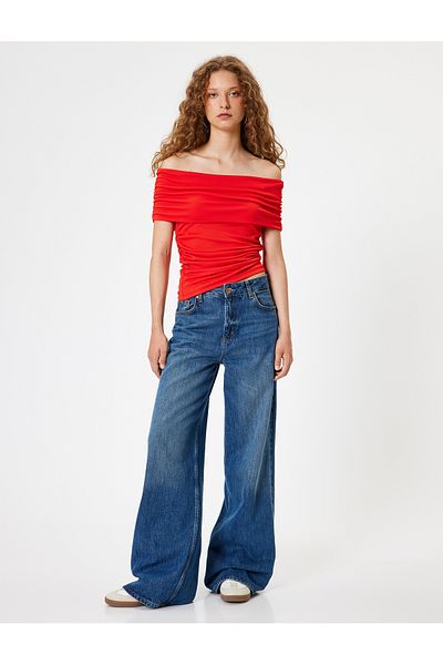 Koton Madonna Collar Off-The-Shoulder T-Shirt Draped Short Sleeve Slim Fit