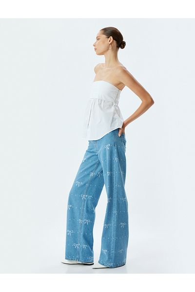 Koton Jeans mit weitem Bein und Schleife in Standard-Taille - Jeans mit weitem Bein und geknöpften Taschen