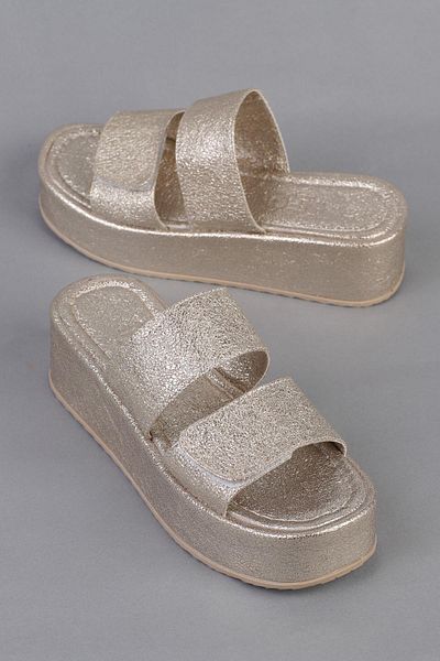 ShoeTek Fion Women's Slippers - Wedge Sole, Double Banded, Gold Wrinkled Leather