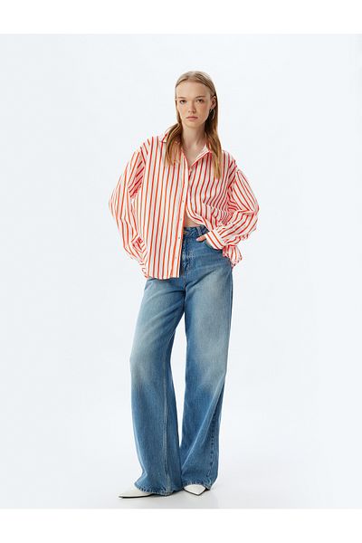 Koton LonG Sleeve Oversize Cotton Shirt - Classic Collar anD Button Detail
