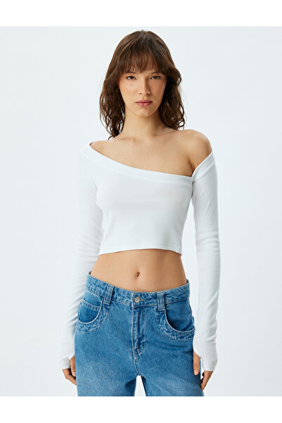 Koton Tricou crop asimetric cu umăr deschis - mânecă lungă, croială subțire, bumbac
