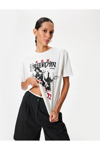 Koton Crew Neck Oversize Cotton T-Shirt - Printed