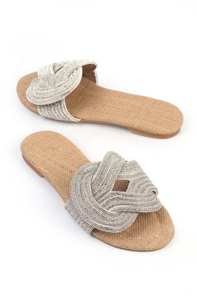 ShoeTek Anwen Women's Straw Slippers - Interlocking, Silver Stone and Ban