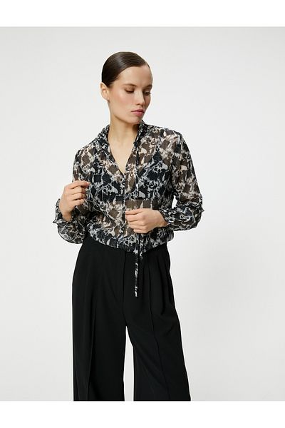Koton Long Sleeve Transparent Ruffle High Neck Glitter Blouse