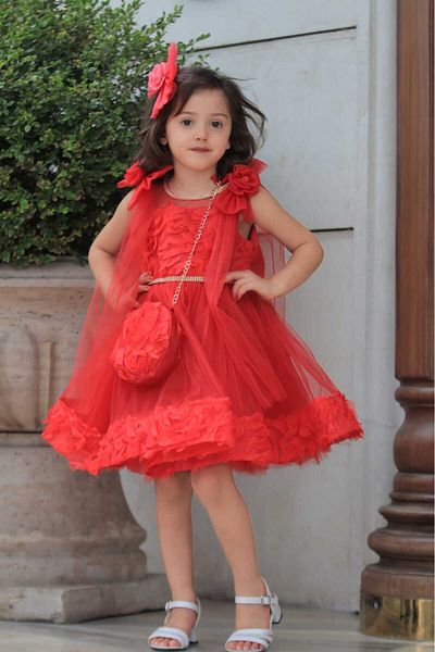 MİSS RAİN Girl's Rose Embossed Long Tulle Detailed Evening Dress with Bag Gift
