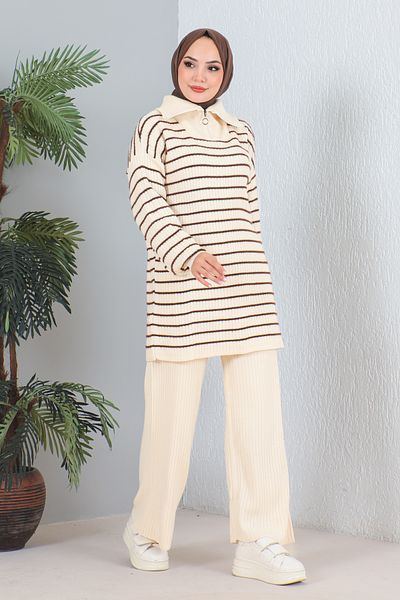 MODAQU Stone Colored Corded Knitwear Set - Zippered