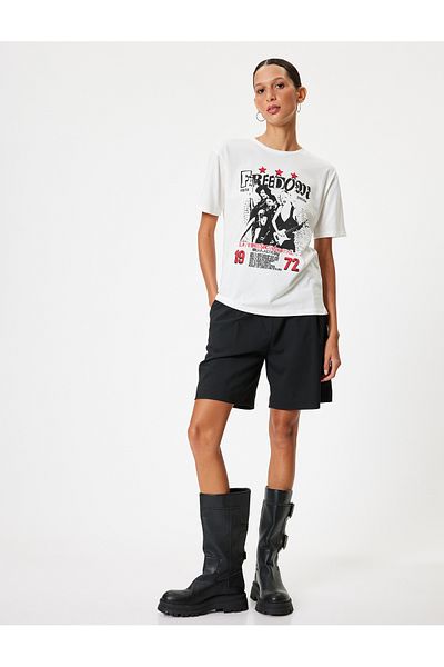 Koton Crew Neck Oversize Cotton T-Shirt - Printed