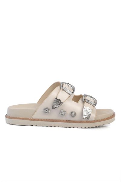 ShoeTek Kacia Beige Leather Women's Slippers - Double Banded and Stone Buckle