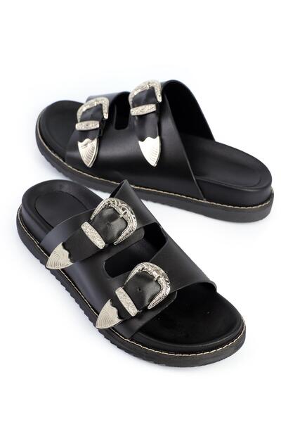 ShoeTek Papuci de damă din piele neagră Lanice - cu bandă dublă și cataramă