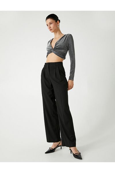 Koton Třpytivá halenka Crop – dlouhý rukáv, výstřih do V, šňůrka