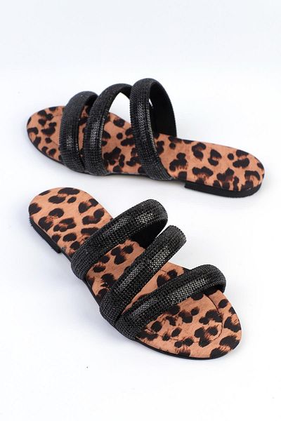 ShoeTek Eiran Women's Slippers - Three-Ban Stone Black/Leopard