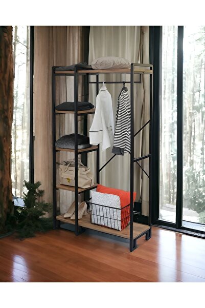 Bye Concept More Dekoratif Çok Amaçlı Metal Ayaklı Ahşap Raflı Elbise Askılık Ayakkabılık Portatif Portmanto Gardırop