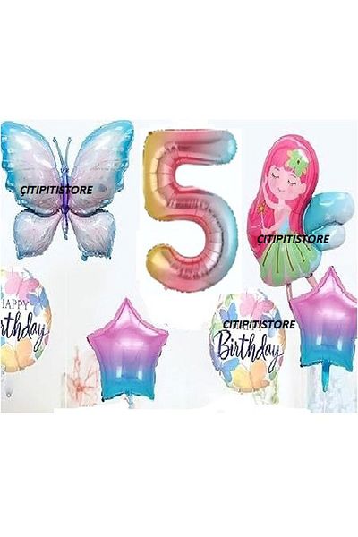 DÜVENCİ TİCARET Fairy Girl Butterfly Foiled Age Ballon Set