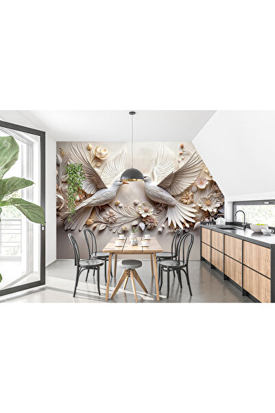 Home kabartmalı iki kuş ve çiçekler poster duvar kağıdı