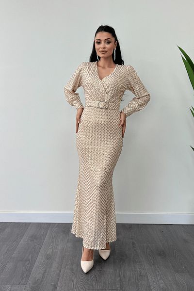 giyimmasalı Rochie cu guler dublu din țesătură cu paiete în carouri - AUR