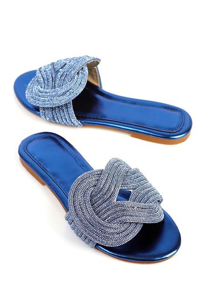 ShoeTek Anwen Saks Blue Stoned and Banished Women's Slippers - Snap-on
