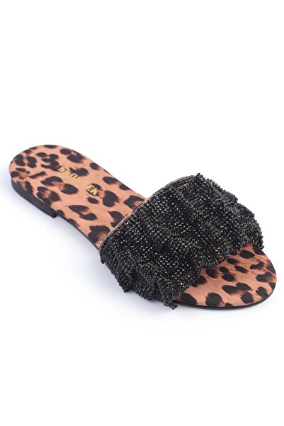 ShoeTek Carys Women's Slippers - Black/Leopard Design with Fringes and Stones