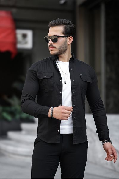 Mero Life Мъжка черна дънкова риза Slim Fit Slim Cut