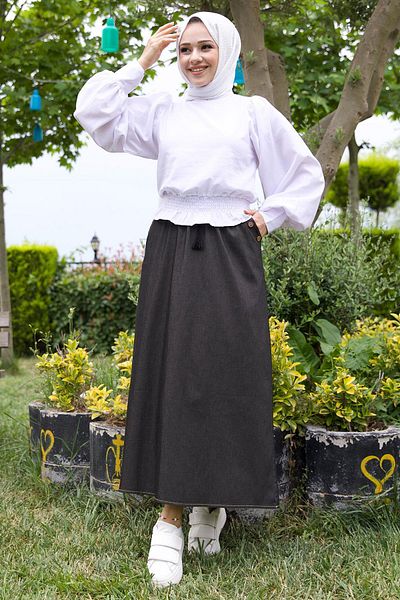 hafsamina Buttoned Denim Skirt with Elastic Waist Pockets Anthracite