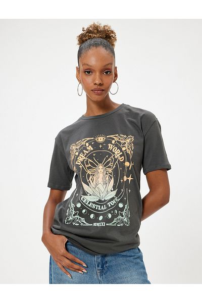Koton Crew Neck Slogan Printed Cotton T-Shirt
