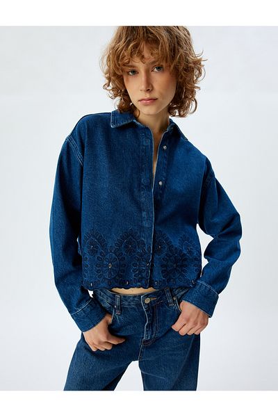 Koton Kt - Classic Collar Embroidered Denim Shirt Jacket