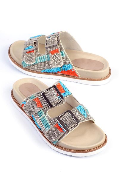ShoeTek Lerea Beige Women's Slippers - Double Banded, Buckle and Stone Detail