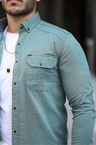 Mero Life Erkek Yeşil Slim Fit Dar Kesim  Kot Gömlek