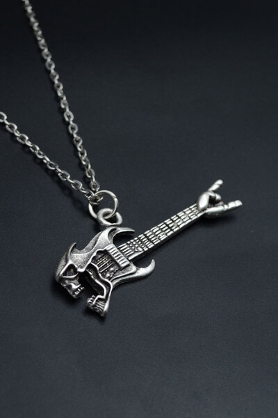 Had Safha Kuru Kafa Elektro Gitar Gümüş Kaplama Unisex Düz Zincir Kolye kod 787