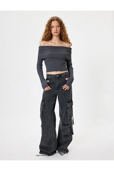 Koton Madonna Collar Off-The-Shoulder Sweater Long Sleeve Slim Fit Textured