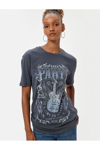 Koton Crew Neck Slogan Printed Cotton T-Shirt