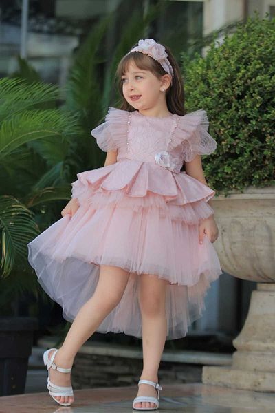 MİSS RAİN Sleeves Balloon Ruffle Vatka Look Skirt Layered Asymmetric Cut Red Girl's Gown Dress